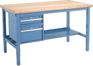 Global Industrial 72" W x 36" D Workbench, 1-3/4" Thick Maple Top Square Edge with Drawers & Shelf, Blue