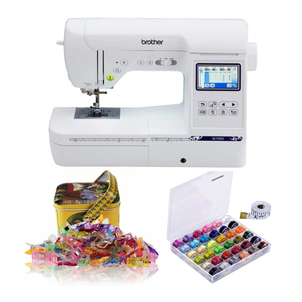 SE1900 Sewing and Embroidery Machine with Threads and Sewing Clips Set Bundle (3 Items) by Brother – 22 x 22.6 x 18.75 inches, Metal, white, Model SE1900_K1