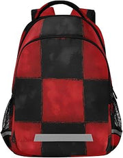 Travel Backpack Carry On Bookbags Dark Red-black Checker Bagpack with Reflective Strip and Mesh Side Pockets