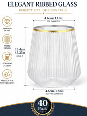 Oojami Ribbed Plastic Wine Glasses, 12 Ounce, Gold Rim, 40 Pack