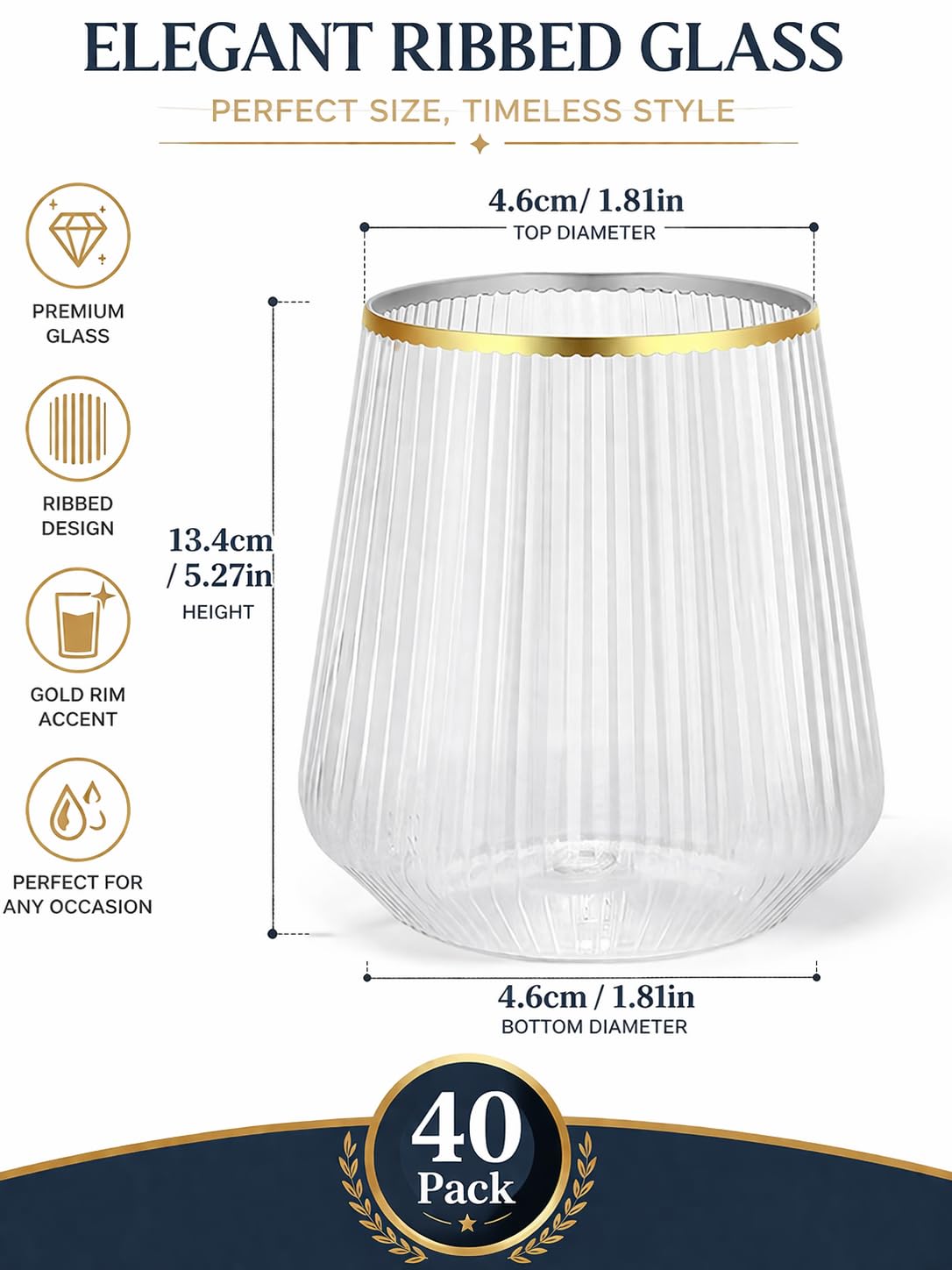 Oojami Ribbed Plastic Wine Glasses, 12 Ounce, Gold Rim, 40 Pack