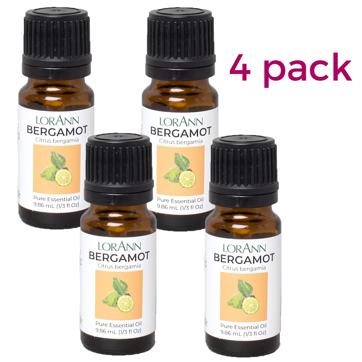 Bergamot Esential Oil by LorAnn Oils – 0.33 Fl Oz (Pack of 4), Pack of 4