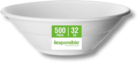 Responsible Products 32 oz Disposable Bowls I Tree-Less™ Compostable Molded Fiber Noodle Bowls I Extra Strength I No Added PFAS I Classic White (500 Count)