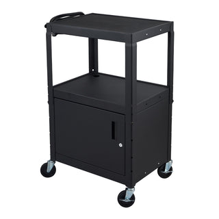 Multipurpose Adjustable Height Steel A/V Utility Cart with Cabinet - Black by Luxor – 24"W x 18"D x 24 to 42"H, Stainless Steel, Black, Model AVJ42C