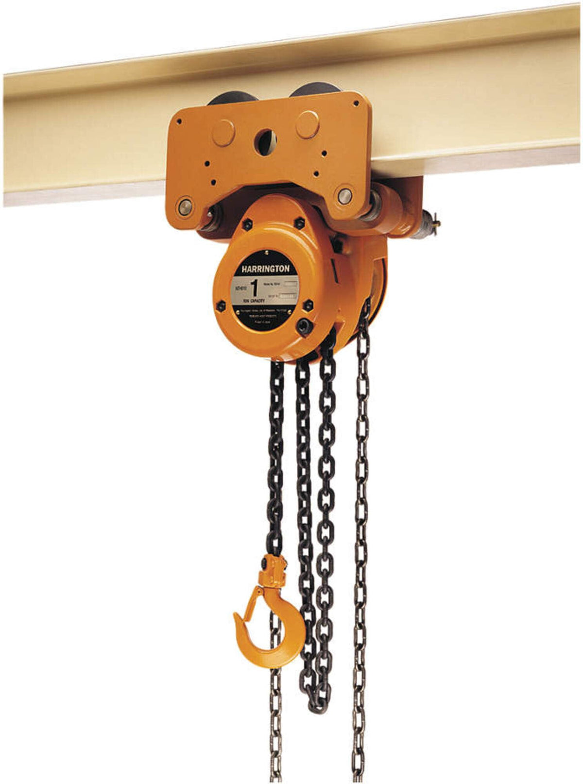 Low Headroom Chain Hoist by HARRINGTON – 26"L x 19"W x 26"H, Aluminum Hoist with Steel Trolley, Yellow, Model NTH030-10