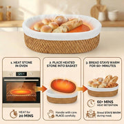 YANGQIHOME Rattan Bread Basket with Warming Stone, 9 x 12.6 x 3.9 Inches, Natural