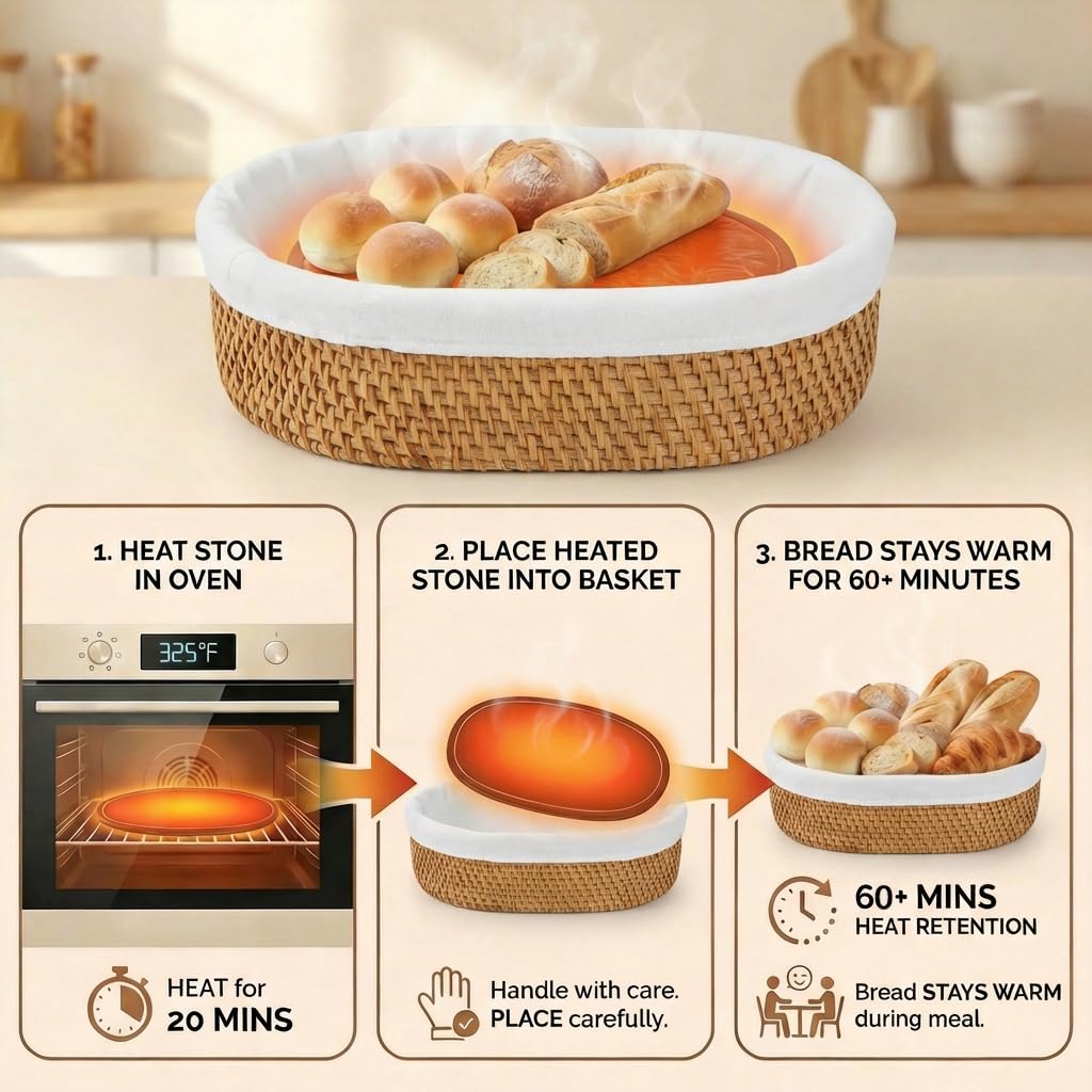 YANGQIHOME Rattan Bread Basket with Warming Stone, 9 x 12.6 x 3.9 Inches, Natural