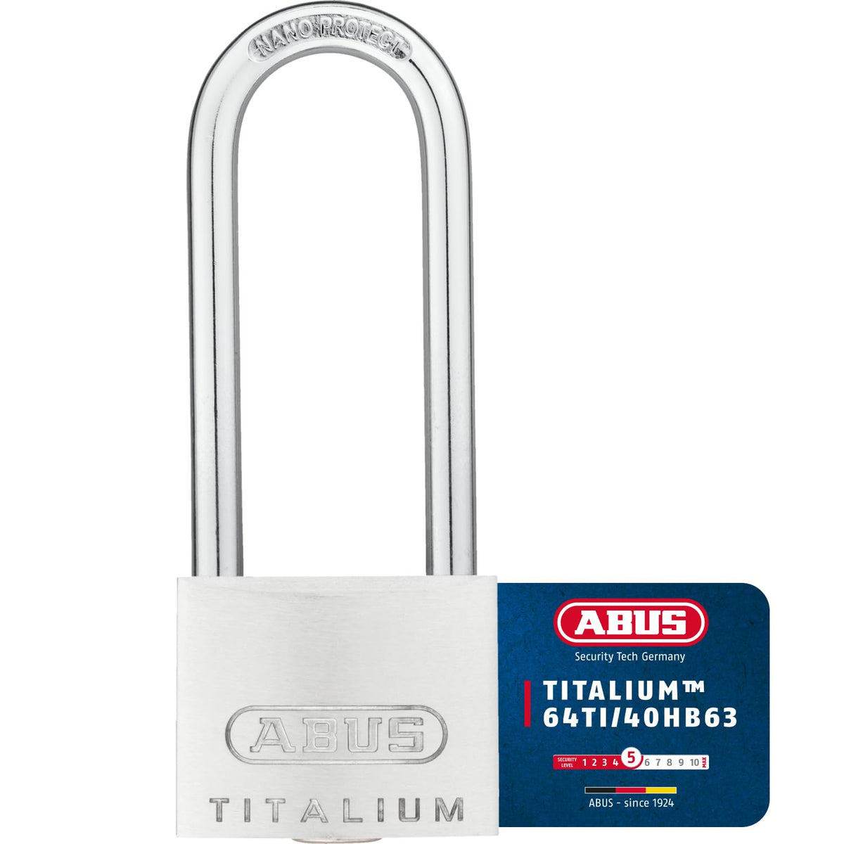 64TI/40HB63 40 x 63mm Titalium Padlock with Long Shackle by ABUS – 40 mm Lock Body, High Shackle 63 mm, Aluminium Alloy Steel, Gray, Pack of 12