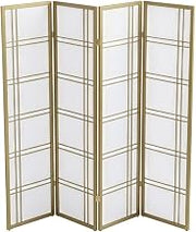 FurniFact Gold 4-Panel Wood Room Divider, Folding Privacy Screen, Rice Paper Panels, Contemporary Style, 70 Inch Tall, Freestanding