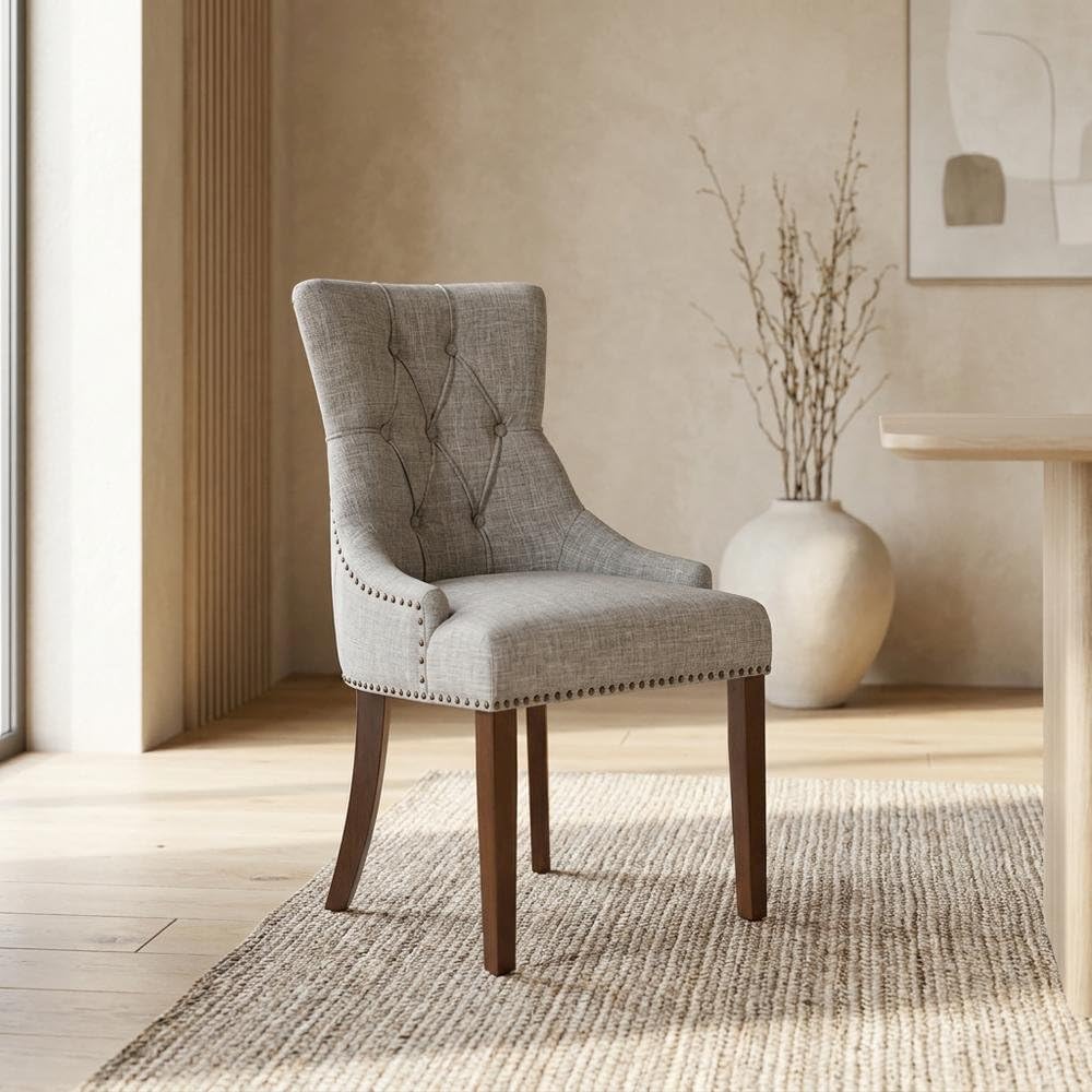 Linen-Upholstered Dining Chair Parsons Style with Legs by Furnifact – Wood, Mahogany, Pack of 2