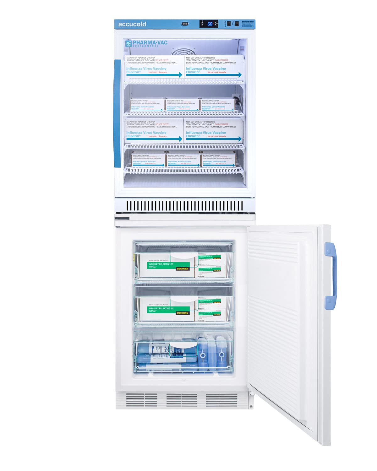 Summit Appliance Stacked Combination of Pharma-Vac ARG6PV 24" Wide All-refrigerator and VT65MLBIMED2 Manual Defrost All-freezer for Vaccine Storage by ACCUCOLD – Model