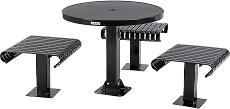 Global Industrial 36" Round Steel Slat Picnic Table, Freestanding Seats, Solid Top, Black