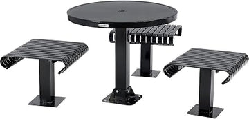 Global Industrial 36" Round Steel Slat Picnic Table, Freestanding Seats, Solid Top, Black