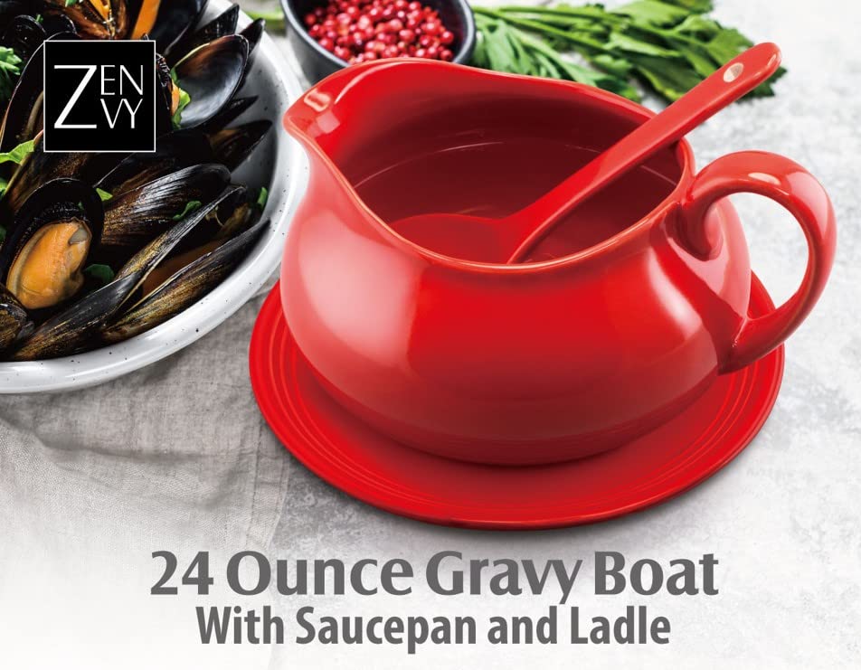 Zenvy Gravy Boat with Saucer and Spoon, 24 Ounces, Red