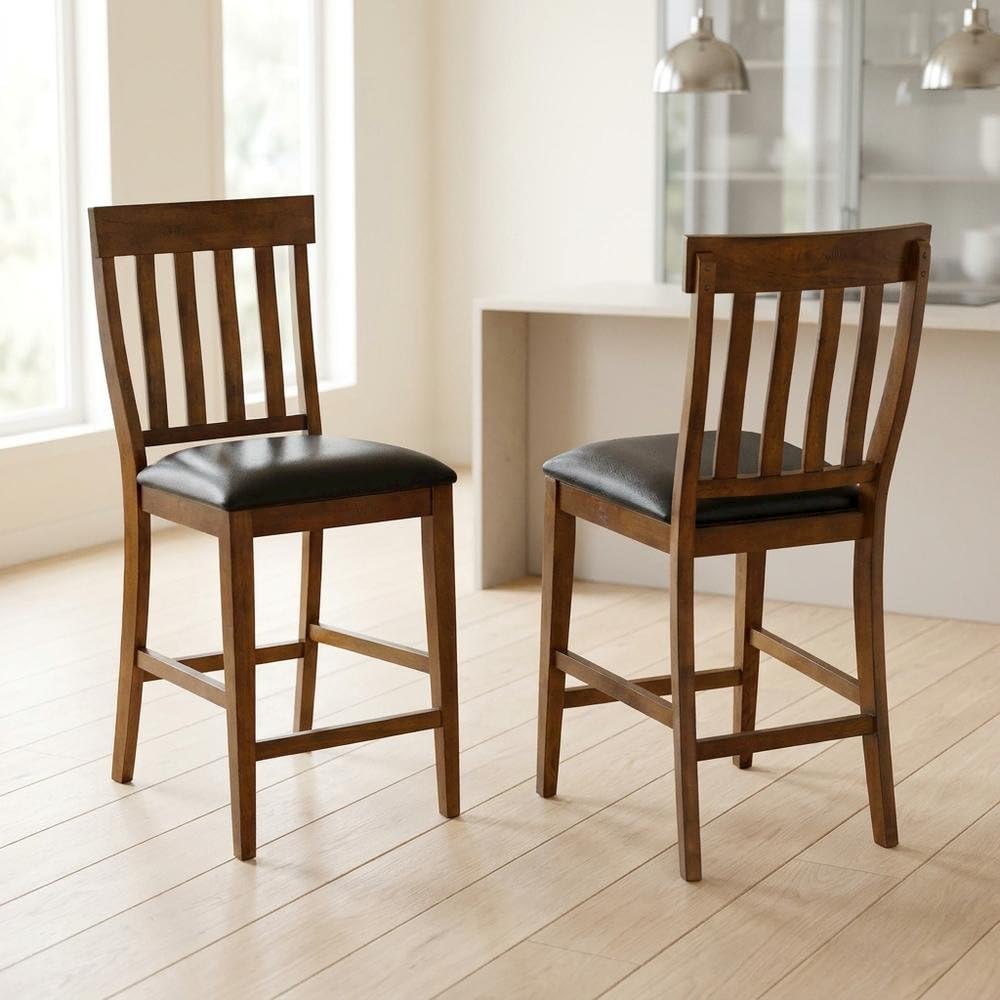 Rustic Whiskey Mariposa Slatback Counter Chair with Upholstered Seat by Starlight Canyon Home – Rubberwood, Brown, Pack of 2