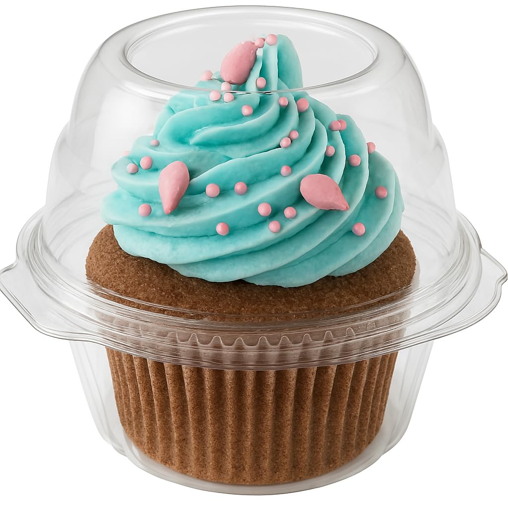Individual Plastic Cupcake Containers Disposable with Connected Airtight Dome Lid (100 Count) Clear Single Cupcake Container by Stock Your Home – 100 Count, PET plastic, Model 1316