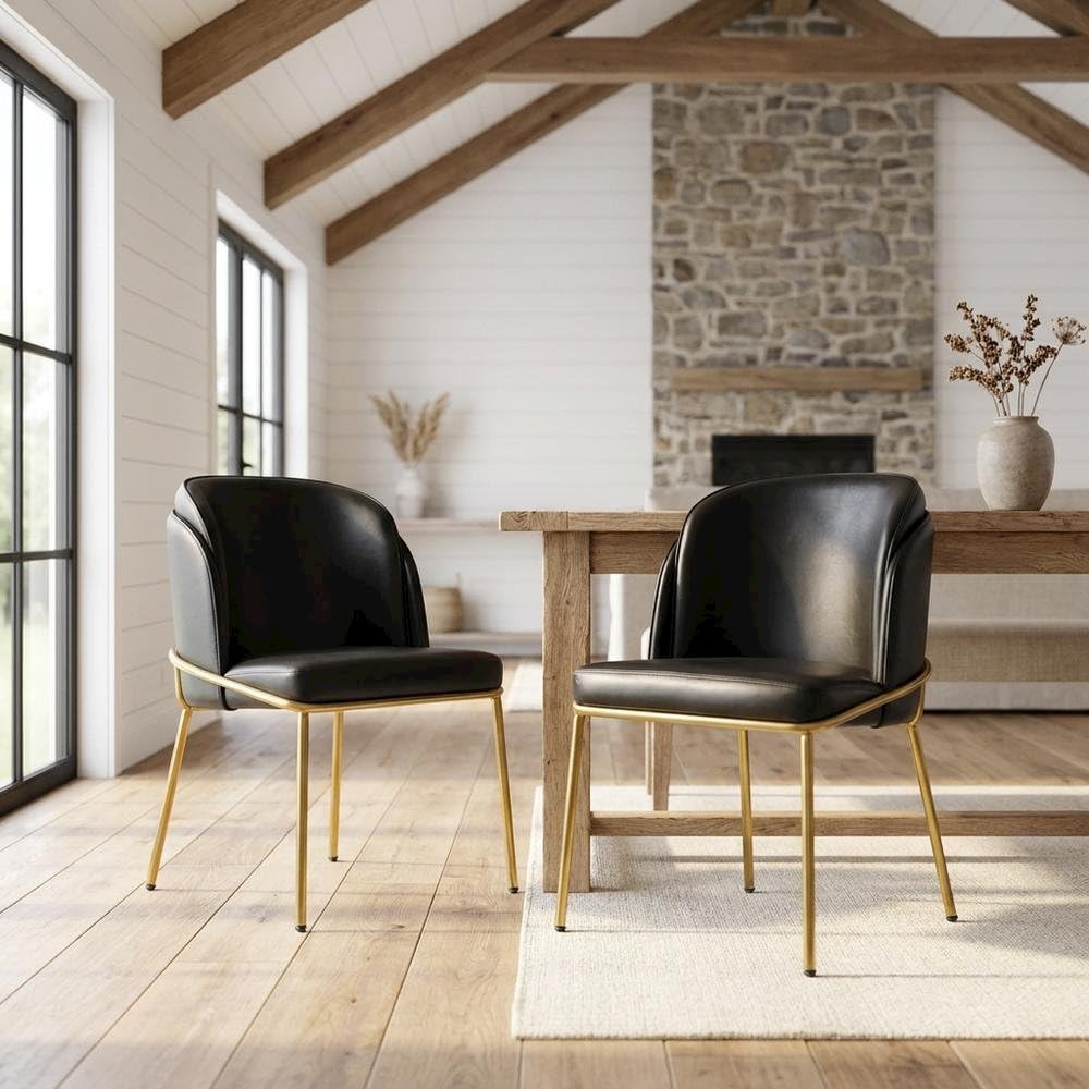 Vegan Leather-Upholstered Dining Chairs Set of by Starlight Canyon Home – Faux Leather, Black Vegan Leather/Gold, Pack of 2