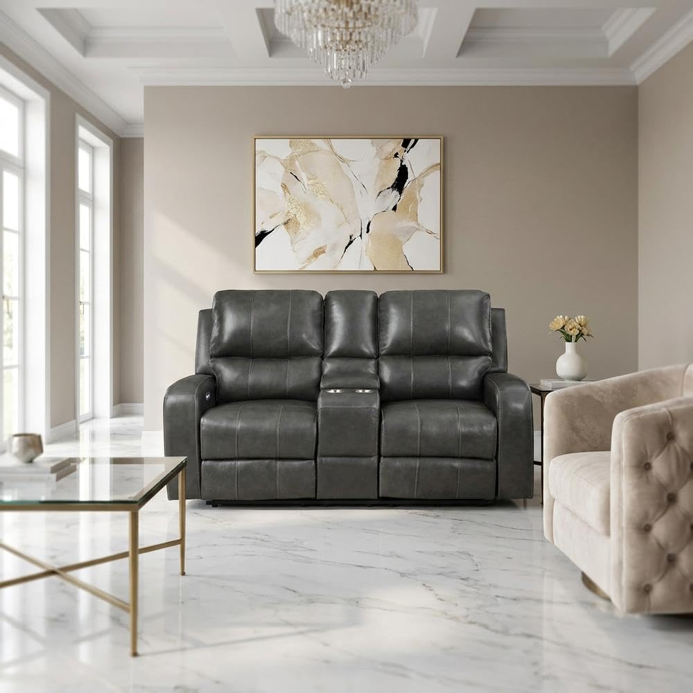 Leather-Upholstered Loveseat with Power Console by Starlight Canyon Home – Hardwood anhd Plywood frame, Full leather front, Grey