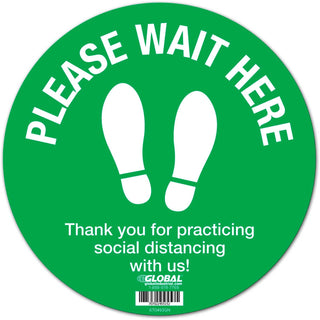 Green Please Wait Here Floor Sign by Global Industrial – 12"L x 12"W x 0.02"H, Yinyl, Green, Model GEC670493GN