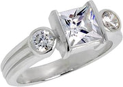 Sterling Silver Cubic Zirconia 3-Stone Ring for Women Princess Cut 2 ct Center Channel Set sizes 6-10