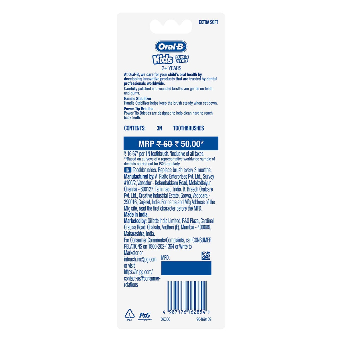 Kids Toothbrush by Oral-B – Green, Pack of 3, Model 82300924