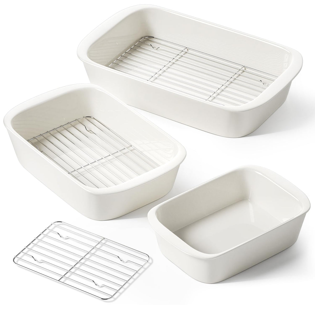 Le Tauci Ceramic Casserole Set with Racks, 4.6 Qt 3 Qt 1.6 Qt, White