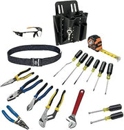 KLEIN TOOLS 80118 Electrician Tool Kit with Klein Hand Tools and Eye Protection, Comes in 10-Pocket Leather Pouch, 18-Piece