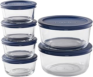 Anchor Hocking 12 Piece Glass Storage Containers with Lids (6 Glass Food Storage Containers & 6 Navy Blue SnugFit Lids)