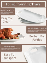 LYEOBOH Serving Platter, Melamine Rectangular Tray with Handles, White 16 Inch