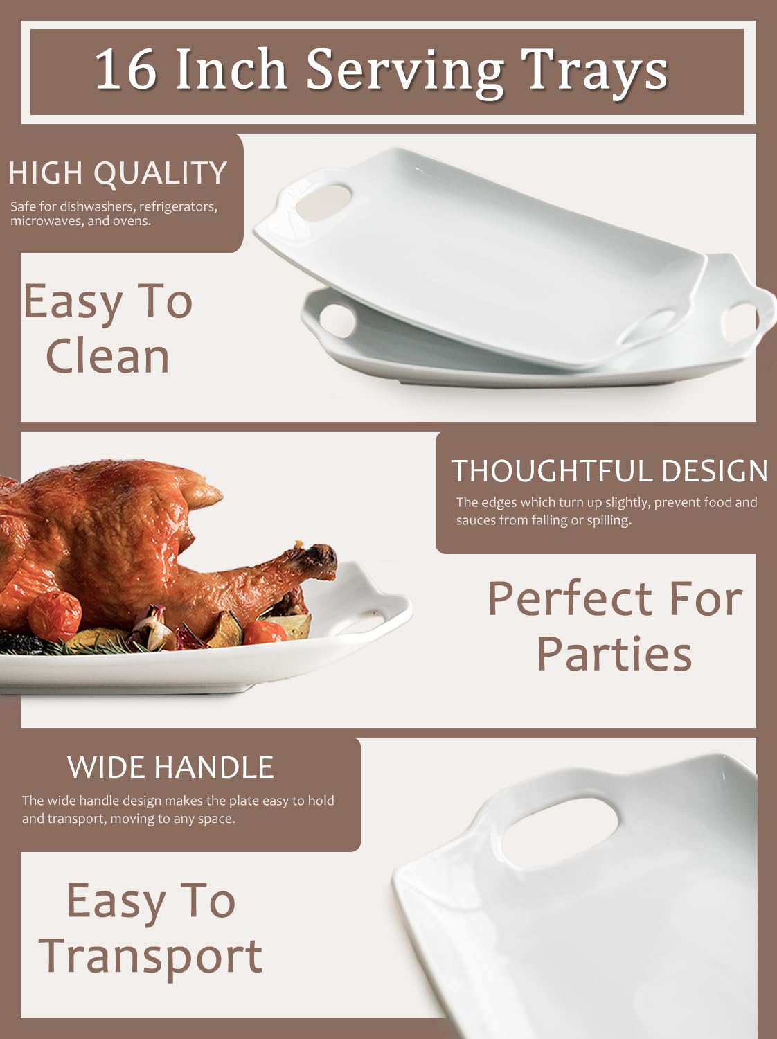 LYEOBOH Serving Platter, Melamine Rectangular Tray with Handles, White 16 Inch