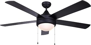 Canarm Preston III 52-Inch Ceiling Fan - Matte Black Finish, 5 Blade, Integrated Light Kit with Opal Glass Shade and Bulbs, Pull Chain, Downrod Mount, Modern Minimalist Design