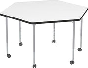 Learniture Structure Series Mobile Hex Collaborative Adjustable Height Table, Whiteboard Top/Black Edge/Silver Mist Leg