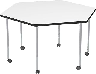 Learniture Structure Series Mobile Hex Collaborative Adjustable Height Table, Whiteboard Top/Black Edge/Silver Mist Leg