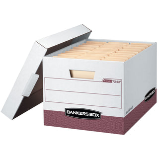 12-Pack R-Kive Heavy Duty File Storage Boxes with Lids by Bankers Box – 10.4"x12.8"x16.5", 15.0 liters, Cardboard, White, Red, Pack of 12