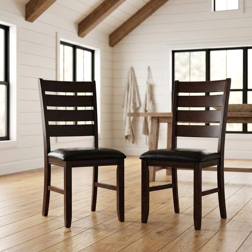 Faux Leather-Upholstered Wood Side Chair with Cherry Frame by Furnifact – Faux Leather, Black, Pack of 2