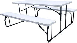 Global Industrial Lightweight 6'L Folding Plastic Picnic Table, 600 Lbs. | Capacity, Powder Coated Steel Frame, 1-1/2" Umbrella Pole Hole White, 71"L x 53"W x 29"H