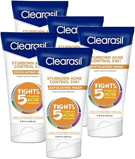 Clearasil Stubborn Acne Control 5in1 Exfoliating Wash 6.78 fl. oz., Reduces Blocked Pores, Pimple S (Pack of 5),6.78 Fl Oz (Pack of 5)