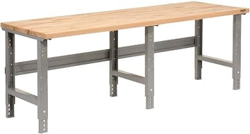 Global Industrial Adjustable Height Workbench, Birch Butcher Block Square Edge, 96"W x 30"D x 29-5/8 to 37-1/4"H, Gray