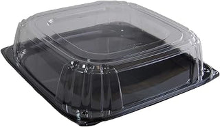 Sabert Black 16" UltraStack Square Platter with Clear 3" Dome Lid, Durable Plastic, Disposable, 25 Count
