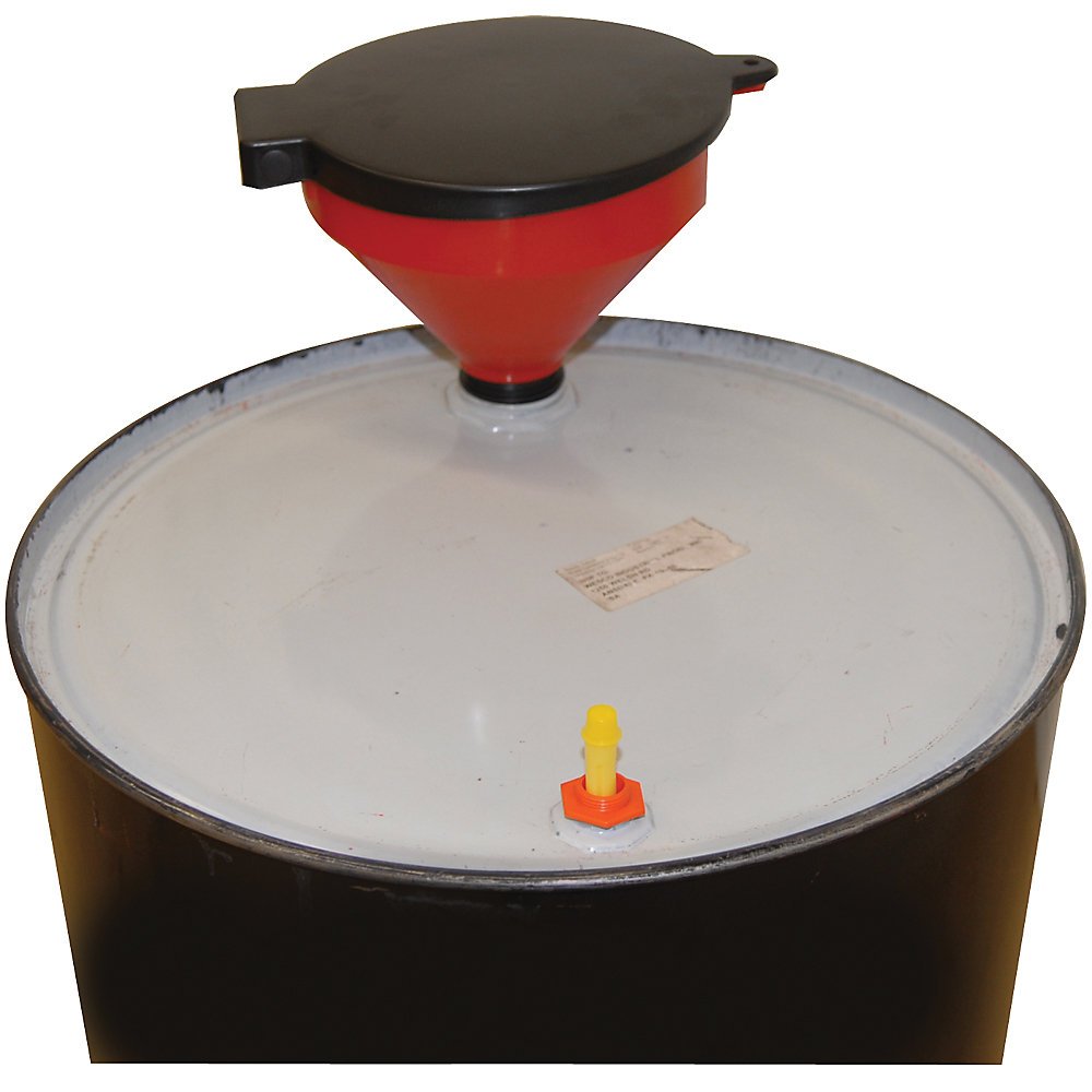 Drum Funnel with Lockable Cover by Wesco – 4.0 quarts, Polyethylene, Red & Black, Model 272140