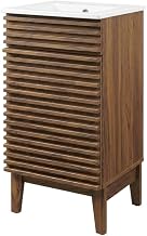 Furnifact Walnut White Bathroom Vanity Cabinet, Floor-Mount, 18 Inch, Single Ceramic Sink, MDF, Centerset Faucet Ready, Freestanding