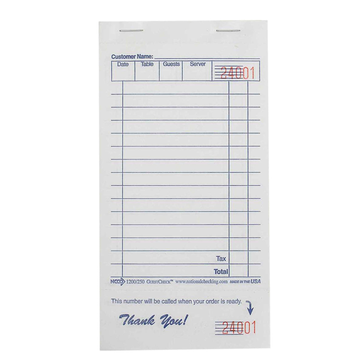 Guest Check Paper - 1 Part White by National Checking Company – Model 1200SP