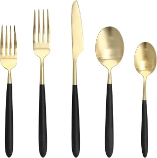 Fortessa Velo 18/10 Stainless Steel, 20 Piece Flatware Set (Service for 4), Black/24k Gold