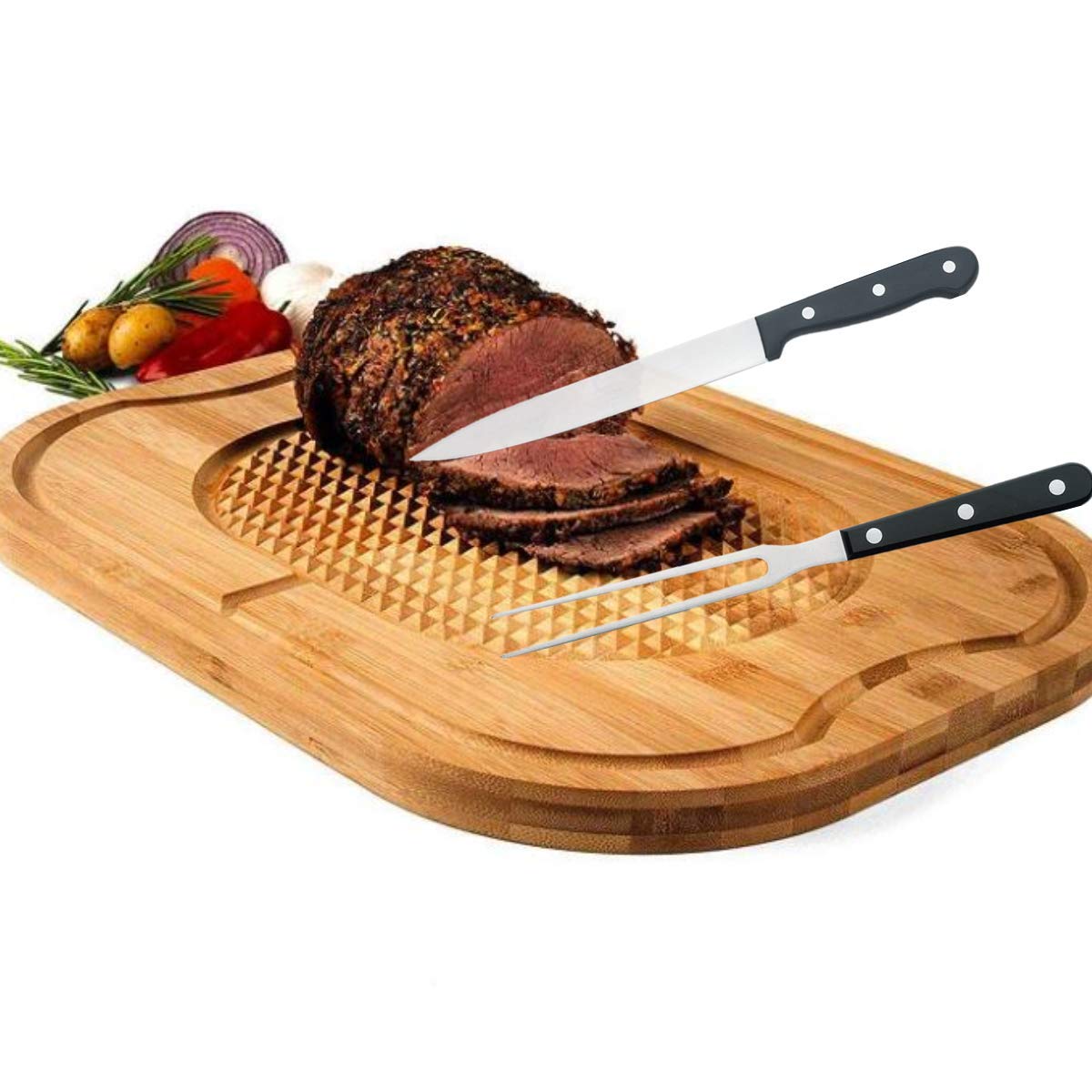 Tiyoorta Carving Knife and Fork Set, 8 Inch Slicer with 6 Inch Tines, Black