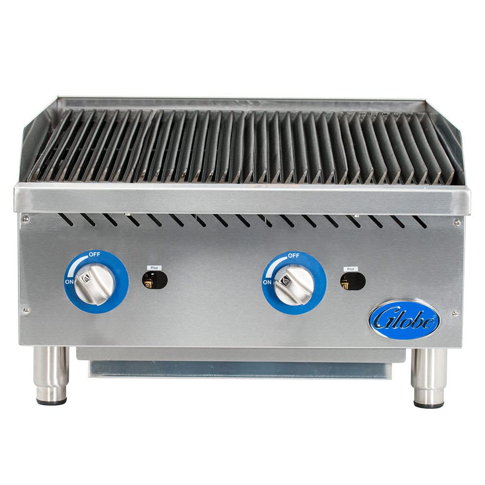 Food Equipment Countertop 24" S/S Radiant Gas Charbroiler by Globe – 24 x 20 inches, 18/10 Steel, Stainless-Steel, Model GCB24G-SR