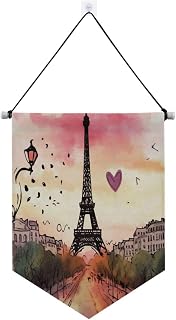 Paris Eiffel Tower Hanging Banner Garden Flag, Porch Front Door Sign Banner, Linen-Like Scroll Pin Banner for Indoor Outdoor Wall Holiday Party Home Decor