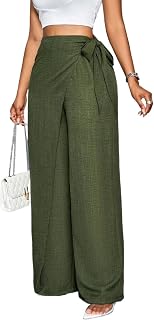 Women's Linen-Like High Waist Wide Leg Pants with Tie Belt