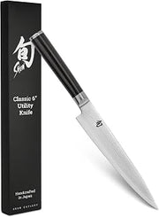 Shun Classic 6" Utility Knife, Handcrafted Japanese Kitchen Knife, VG-MAX Core with Damascus Stainless Steel Cladding, Pakkawood Handle, Precision and Sharpness for Professional and Home Chefs