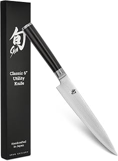Shun Classic 6" Utility Knife, Handcrafted Japanese Kitchen Knife, VG-MAX Core with Damascus Stainless Steel Cladding, Pakkawood Handle, Precision and Sharpness for Professional and Home Chefs