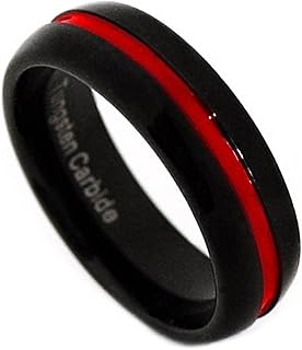 7mm Thin Red Line Black IP Tungsten Carbide Wedding Band Ring w Red IP Channel